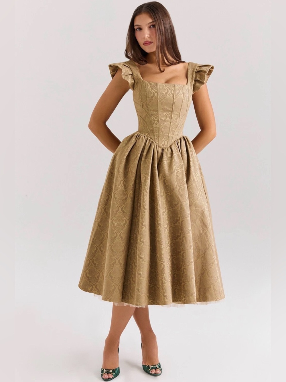 HOUSE OF CB 'Alessandra'GoldJacquardMidiDresswithDetachable/Size S-US 4-6
